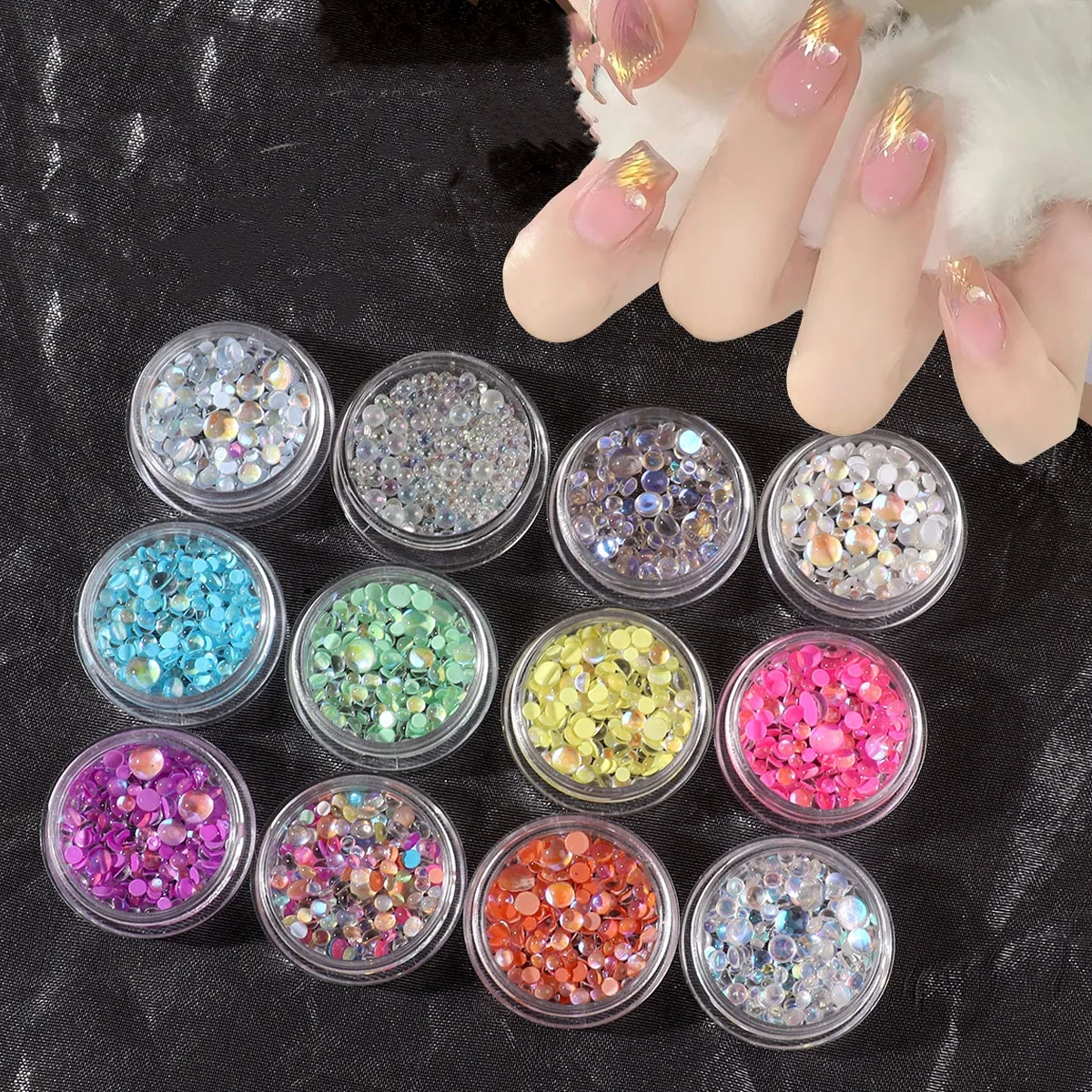 New DIY Candy Color 3D Crystal Aurora Half Round Bead Mixed Macaroon Manicure Glass Beads Fairy Gradient Nail Art Decorations