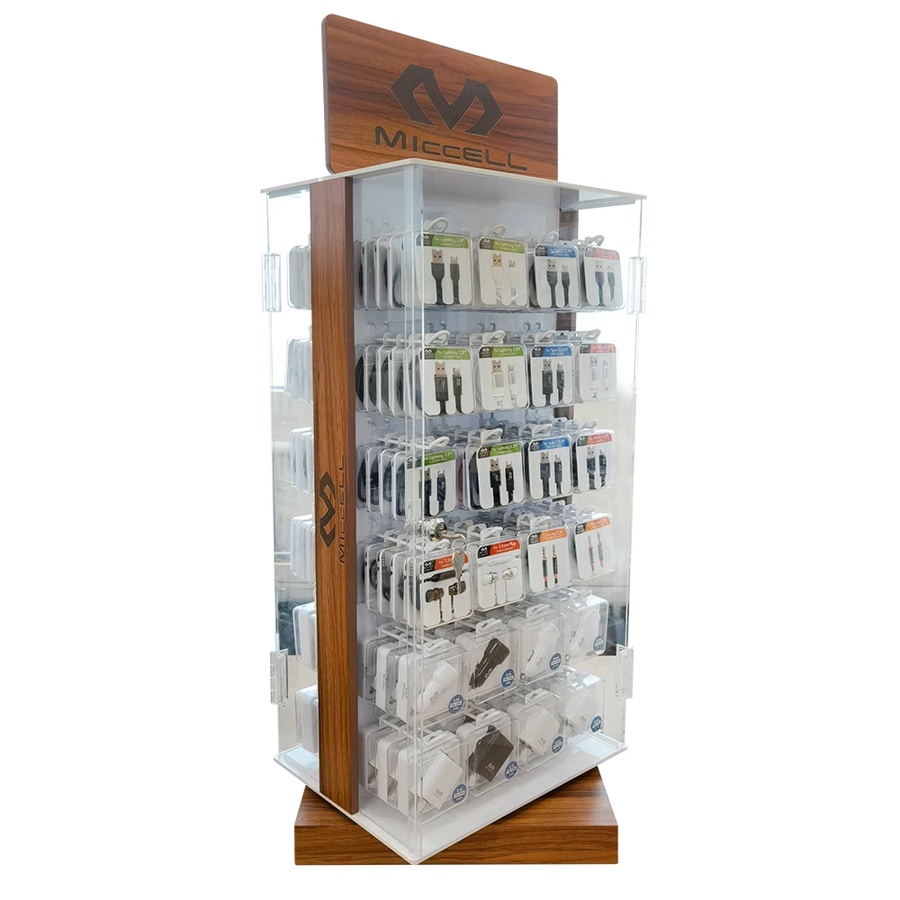 High Quality wooden Mobile phone Accessories Display USB charger,car charger, cables, Audio cable Wooden Display Stand