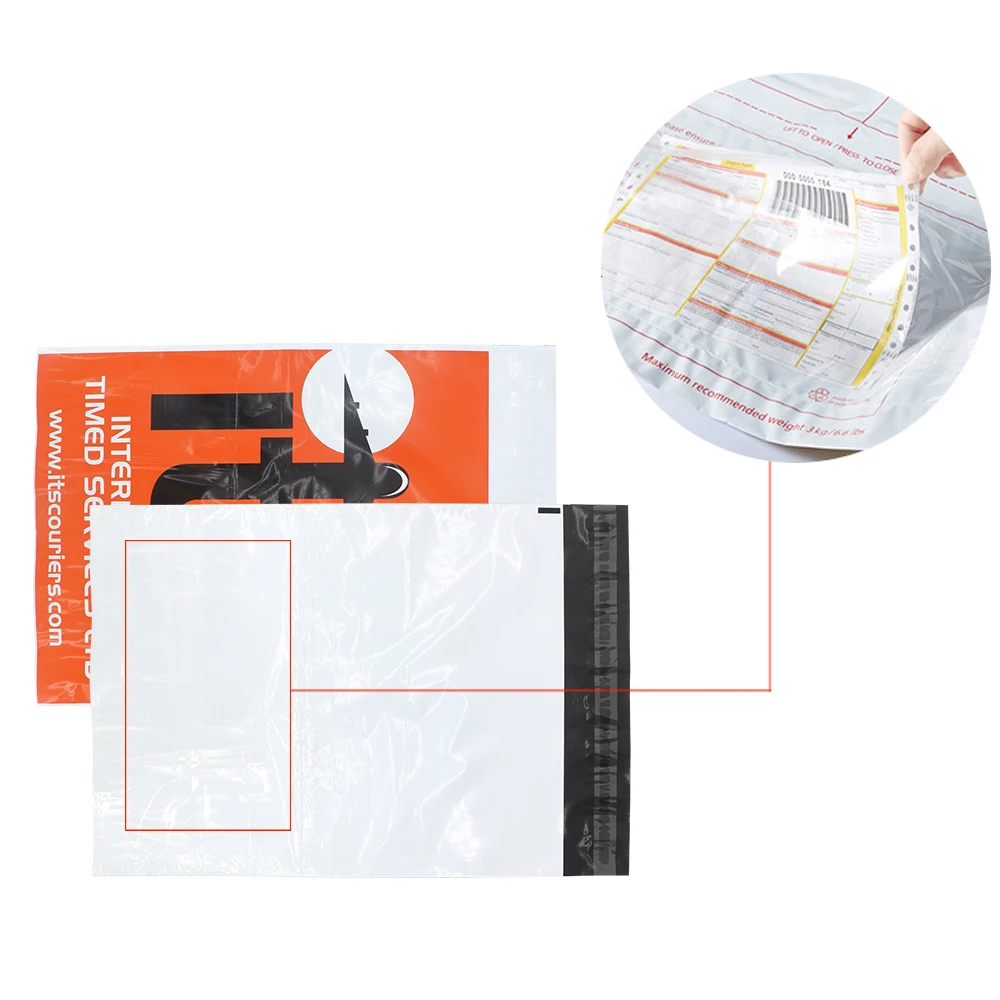 Custom  print dhl plastic mail bags with transparent clear pocket for invoice