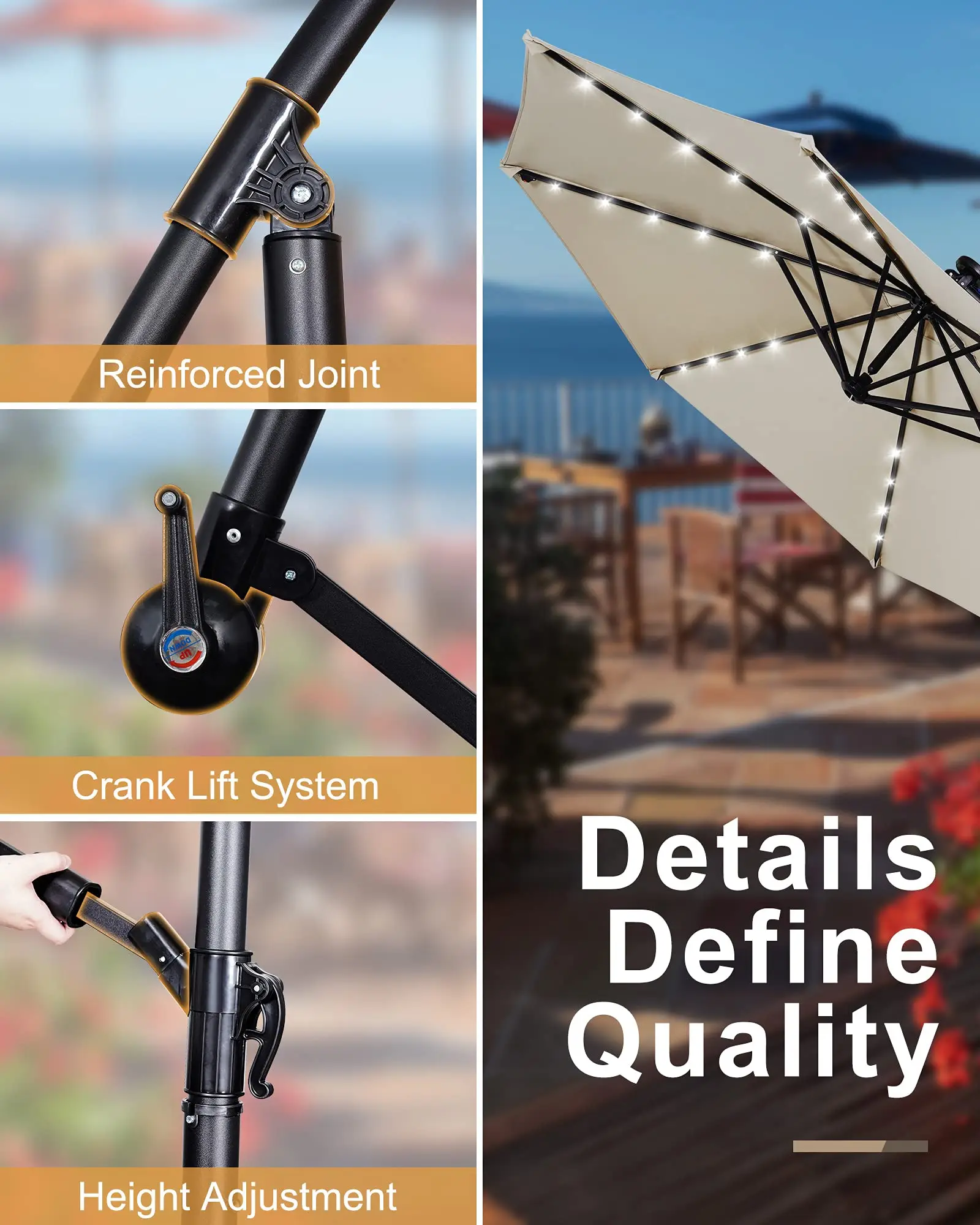 Beach Outdoor Cantilever Umbrella 10FT Outdoor Umbrellas Patio with LED Lights