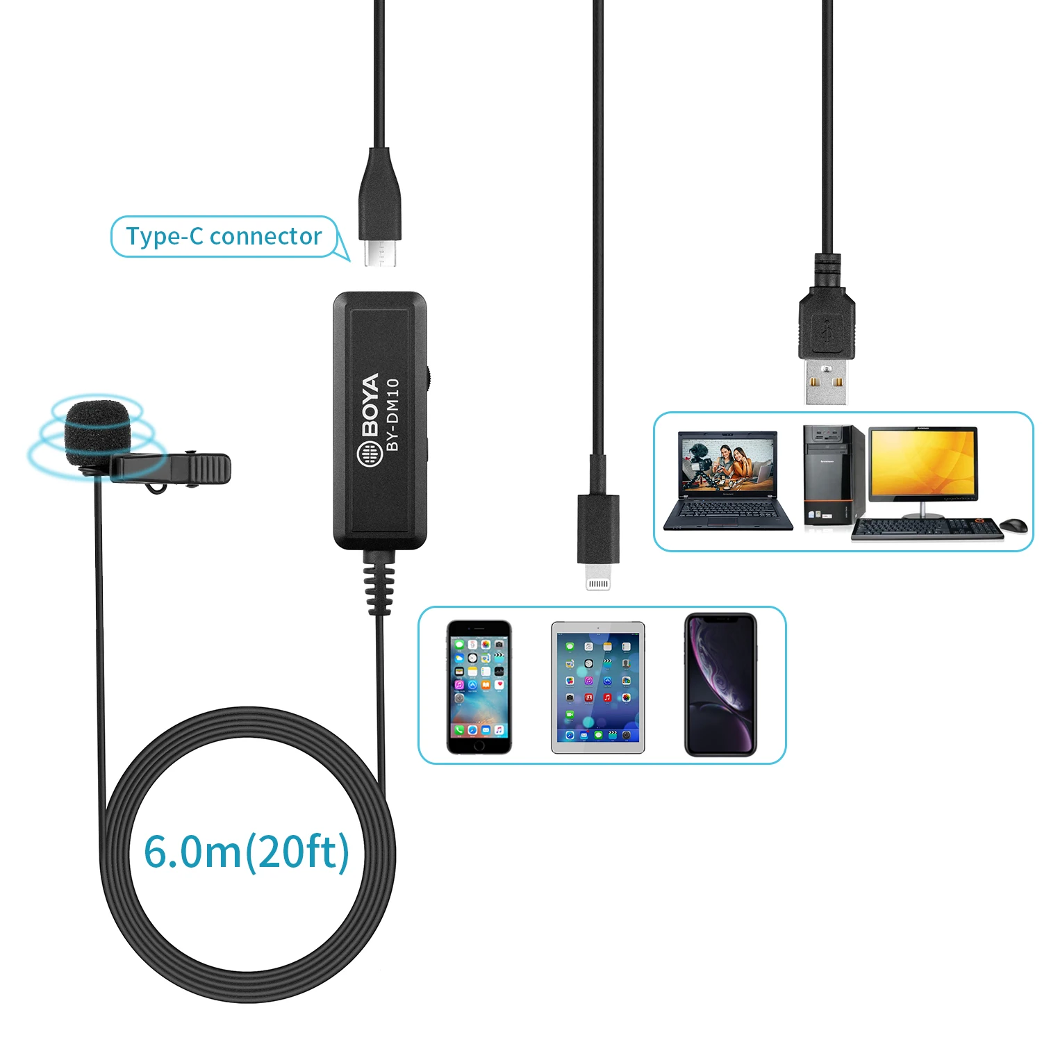 BOYA BY-DM10 Lapel Microphone Portable Lavalier Wired Mic 3.5mm Jack USB Output Cables for iPhone iPad MAC PC