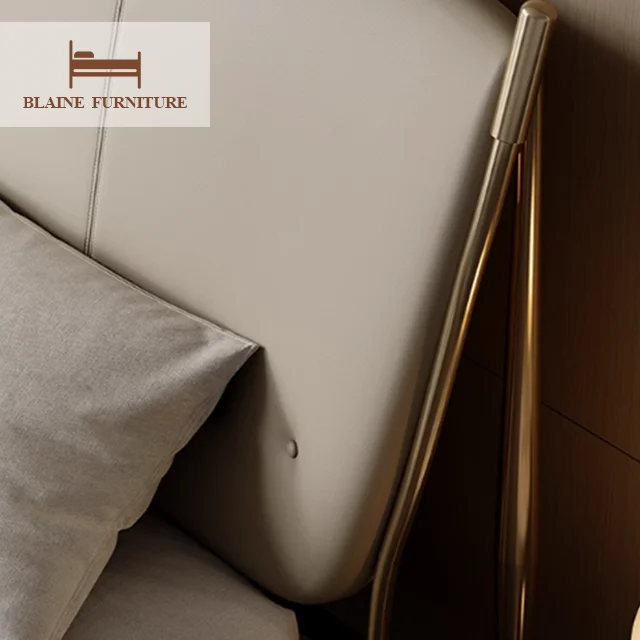Popular Design King Size Bed Bedroom Furniture Stainless Steel Legs With Solid Wood Frame Full Genuine Leather Hotel Bed