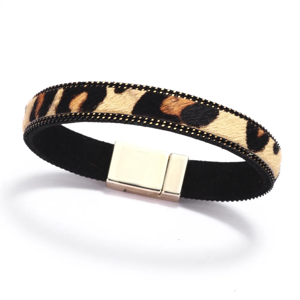 2019 New Fashion Punk Horse Hair Leopard Print Leather Cuff Bracelet Wristband Female Magnetic Clasps Wrap Bracelets for Women