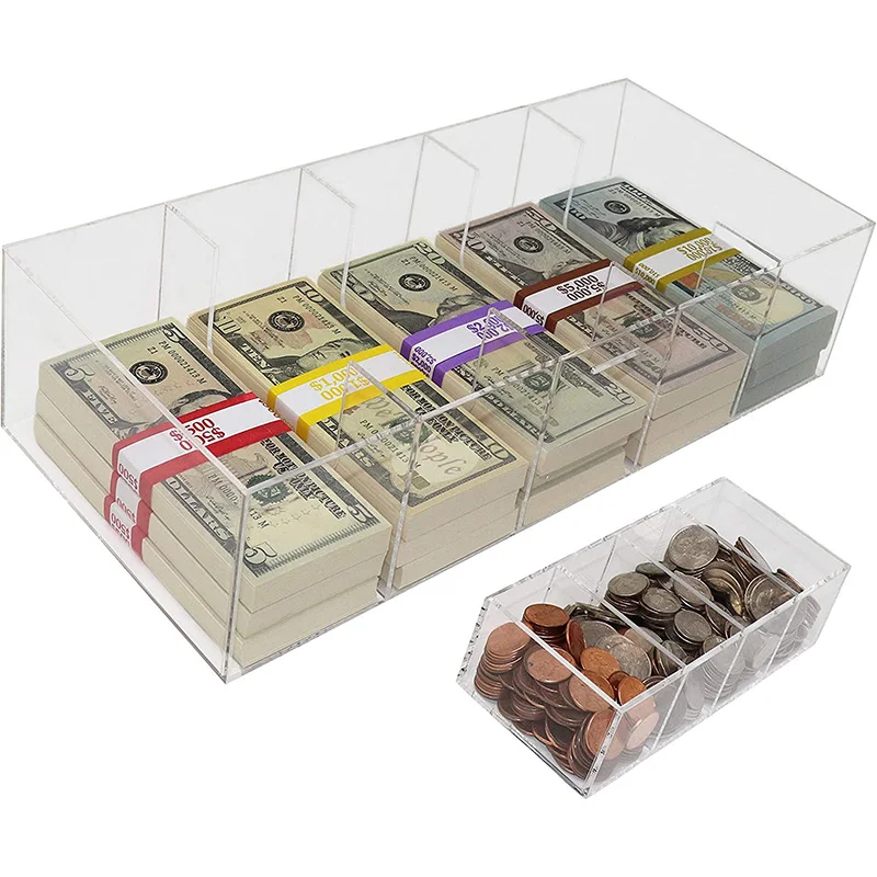5 Compartment Acrylic Money Storage Box Locking Currency Tray Cash Organizer with Lockable Cover