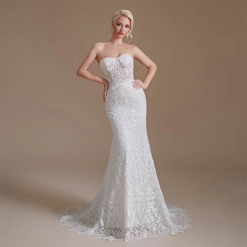 Simple Tube Top Dress Design White Long Sweet Lace Mermaid Wedding Party Bridal Dress