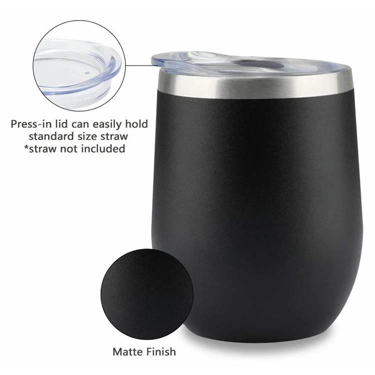 Amazon top seller 12oz stainless steel custom logo wine tumbler insulated egg shape mugs wine glass with lids