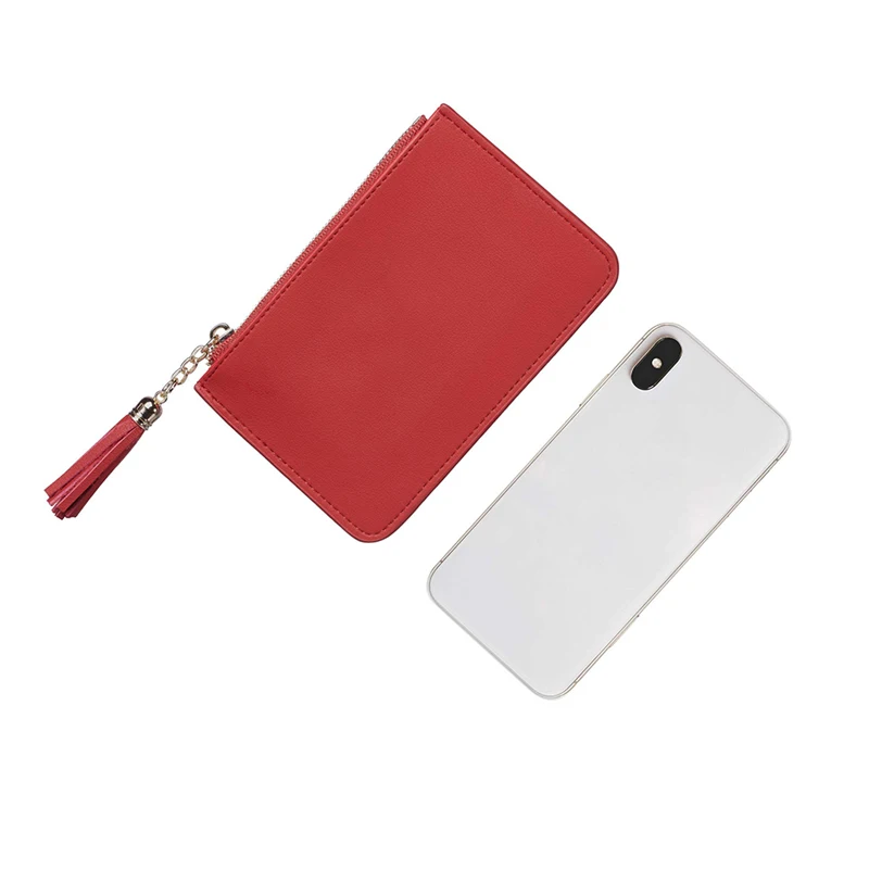 Coin Purse Change Wallet Pouch Leather Card Holder with Key Chain Tassel Zip