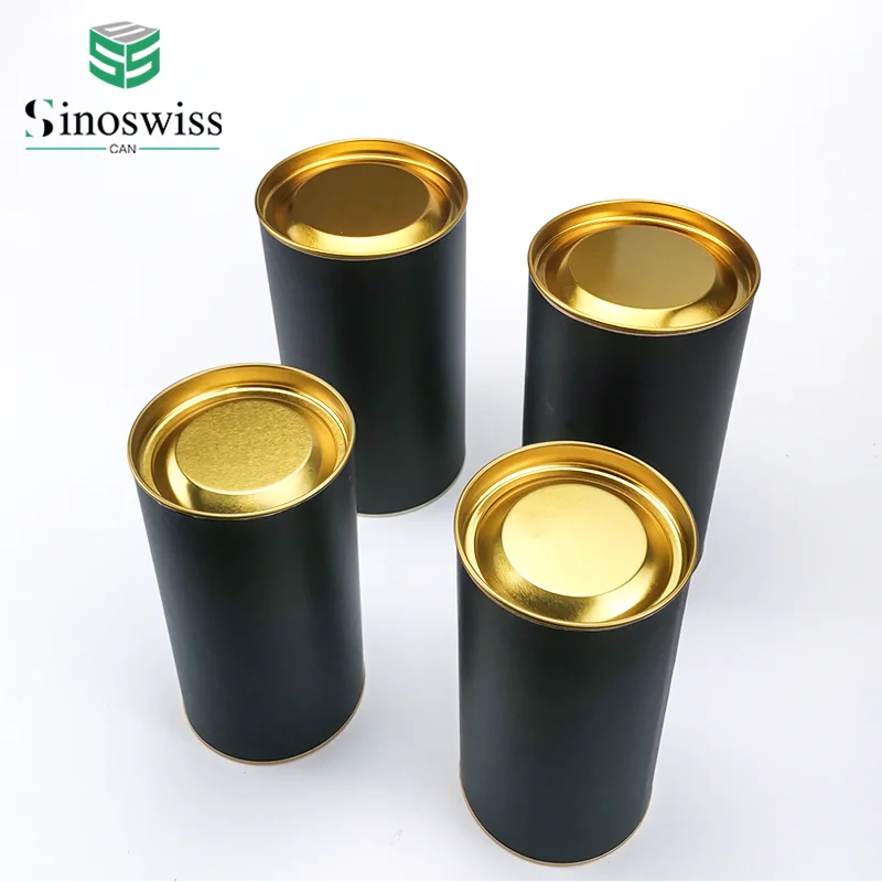 Food Grade Plain Black Paper Cylinder Packaging Tube with Gold Metal Plug  for Coffee or Tea