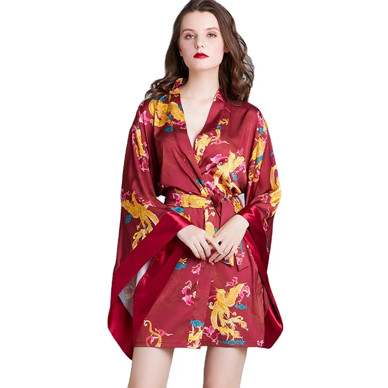 Wholesale Custom Chinese Red Women Sleepwear Satin Silk Robe Kimono Femme Pajamas Bride Bathrobe