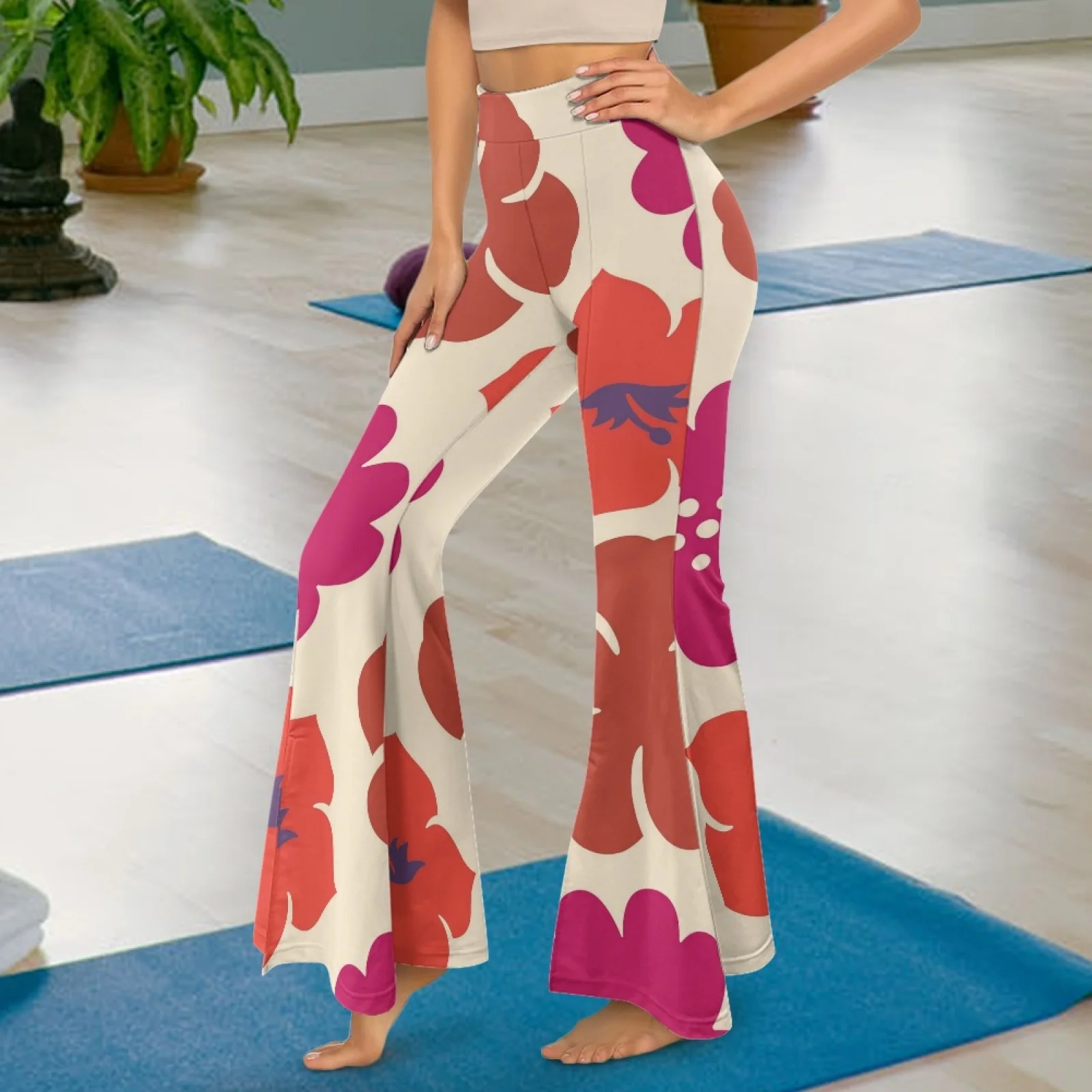 Sublimation Hibiscus Flowers High-waisted Flare Yoga Pants Leggings Loose Flare Pants Slit Yoga Leggings Casual Trousers Tights
