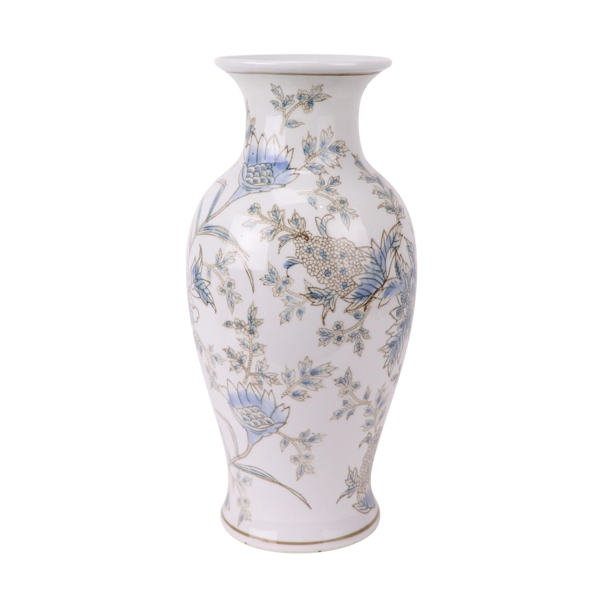 RXBY-YF435 High Quality Home Decoration Blue and White Painted Fishtail Ceramic Vase with Flower and Leaf Patterns