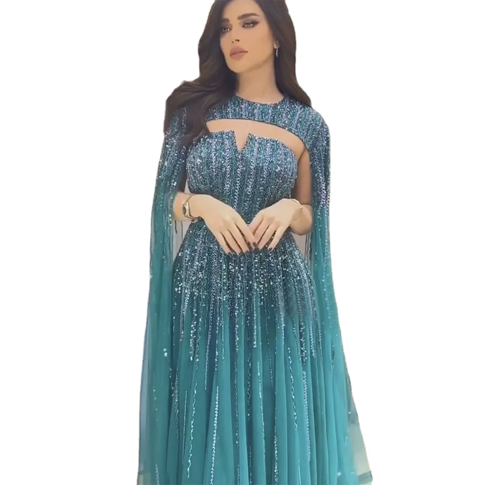 Green Cape Sleeves A Line Beaded Full-length Evening Dresses Serene Hill LA71912 Long 2023 Party Gowns For Woman Wedding