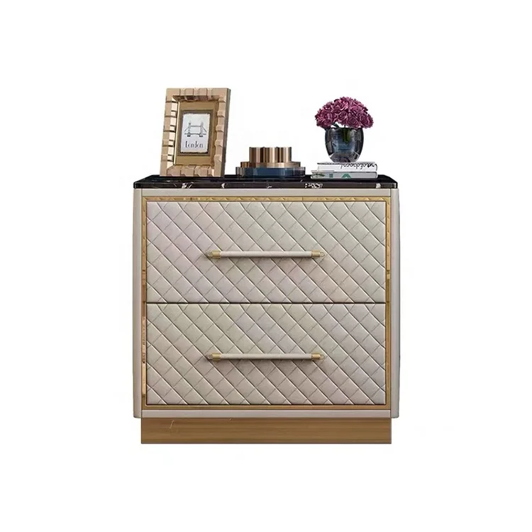 Luxury Modern Bedroom Furniture Gold Metal Frame Wood Leather Night Stand Bed Side Table Furniture Factory