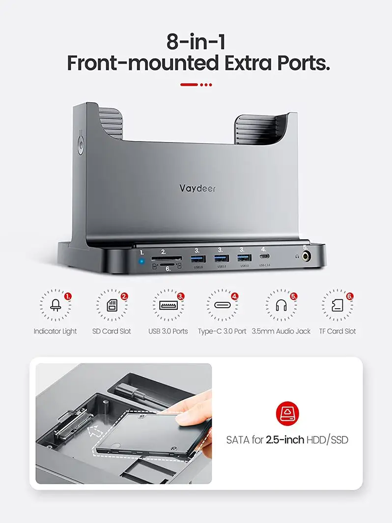 Mac Mini Stand Plastic Dock for Mac Mini 8-in-1 Dock Station Holder with Power Adapter USB 3.0 Port Type C Hub