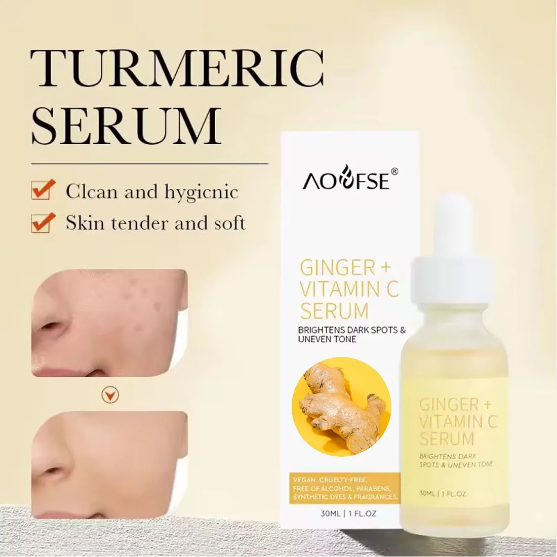 Private Label collagen anti-aging serum vitamin c ginger skincare dark spots acne turmeric serum