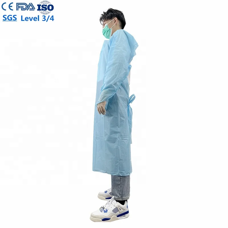 Factory Wholesale ASTM F1670 disposable CPE gown with tumb loop 510K blue apron dentist for Hospitals