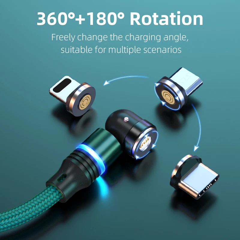 Вращающийся на 540 градусов зарядный кабель 3 в 1 светодиодный 3A Type C Micro USB для передачи
