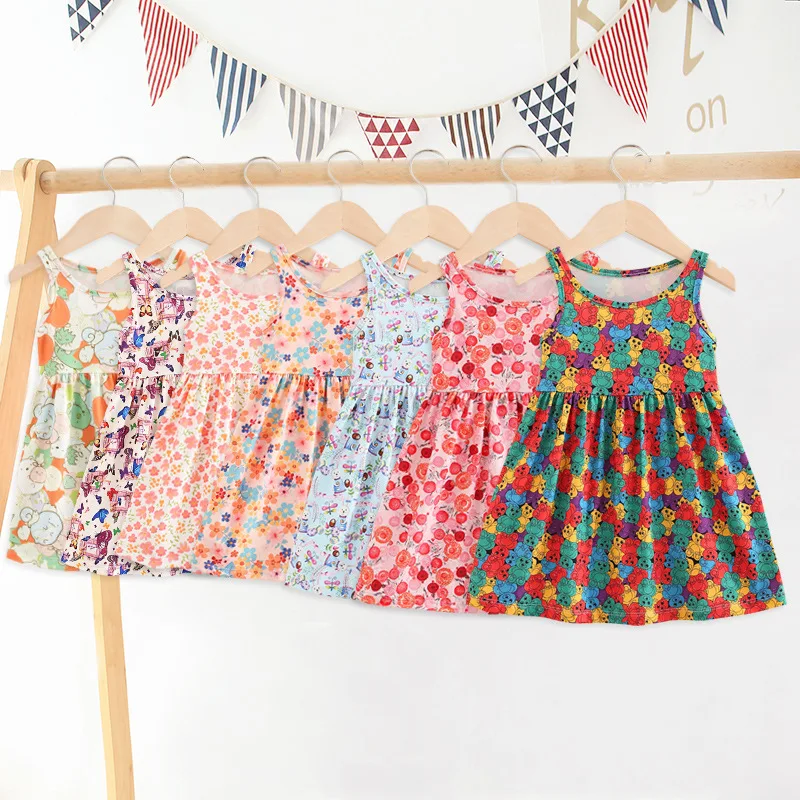 baby dress girls Milk silk print flower small children sleeveless garden style girl floral vest