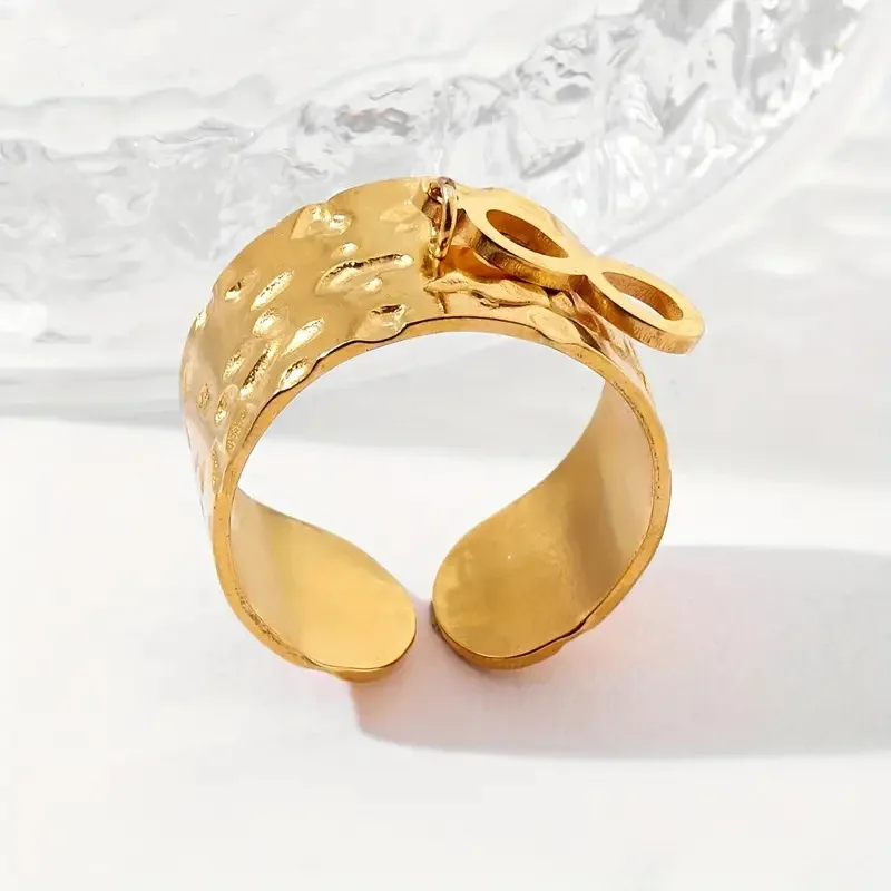 Custom 18K Gold Plated Life Tree Infinite Mobius Charm Finger Rings Stainless Steel Hammer Wide Open Ring Jewelry OEM/ODM
