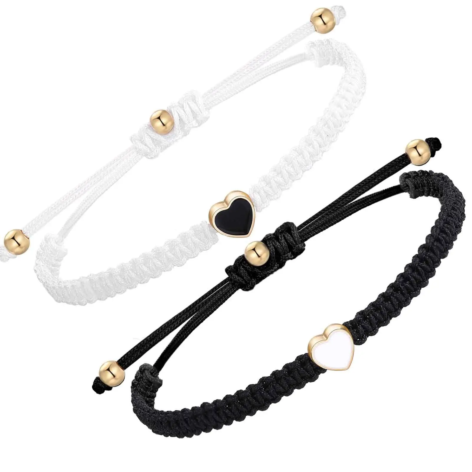 2Pcs Set Couple woven bracelet Alloy color gold enamel heart bracelet Jade String flat knot love woven bracelet set