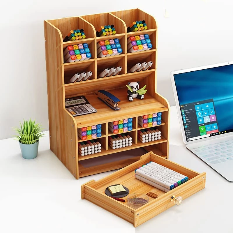 Wooden Pencil Holder, Pen Organizer for Desk with 15 Compartments + Drawer, Desktop Stationary Storage Organizer Caddy