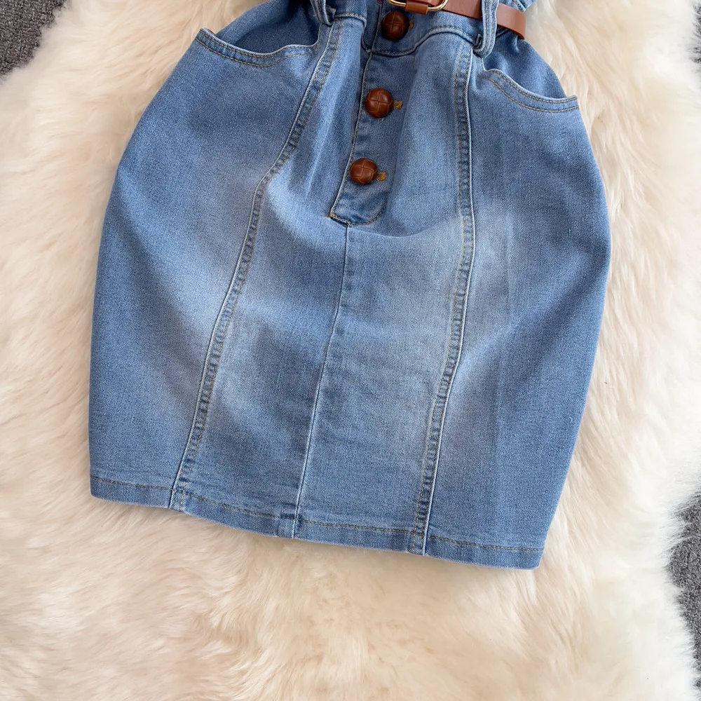 Custom 2022 Sweet Girls  High Street Patchwork Corduroy Polo Collar Denim Short Designer Dresses Women With Puff Sleeve Top