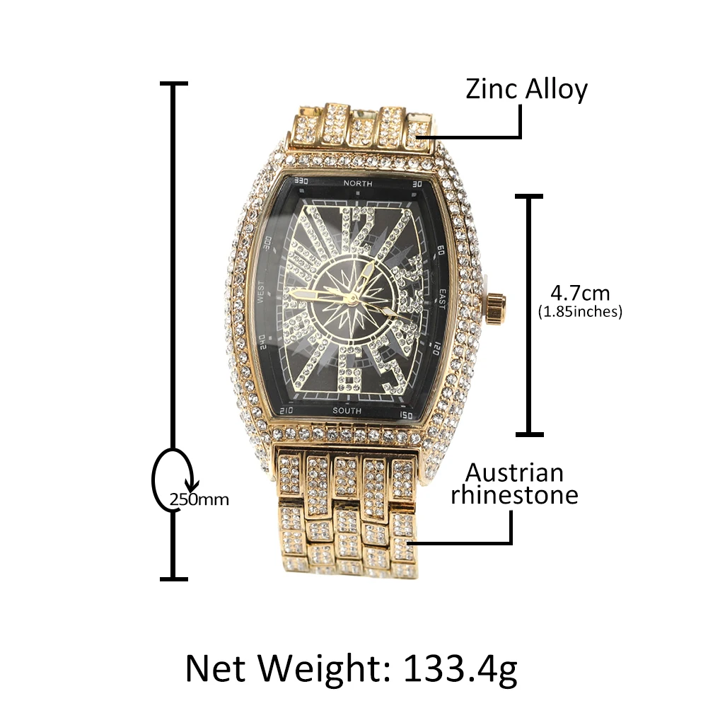 UWIN Hip Hop Full Iced Out Square Shape Quartz Watches Unisex Daily Waterproof Watch Men Women Reloj Hombre Wristwatch