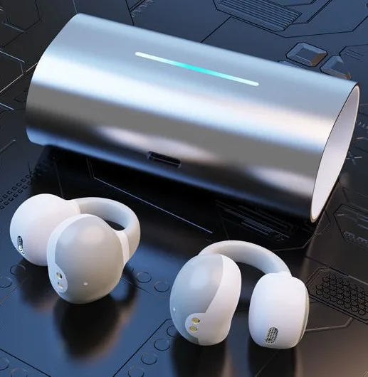 Portable Headset with Microphone Clip On Ear Headphones with Charging Case Open Ear Wireless Earbuds