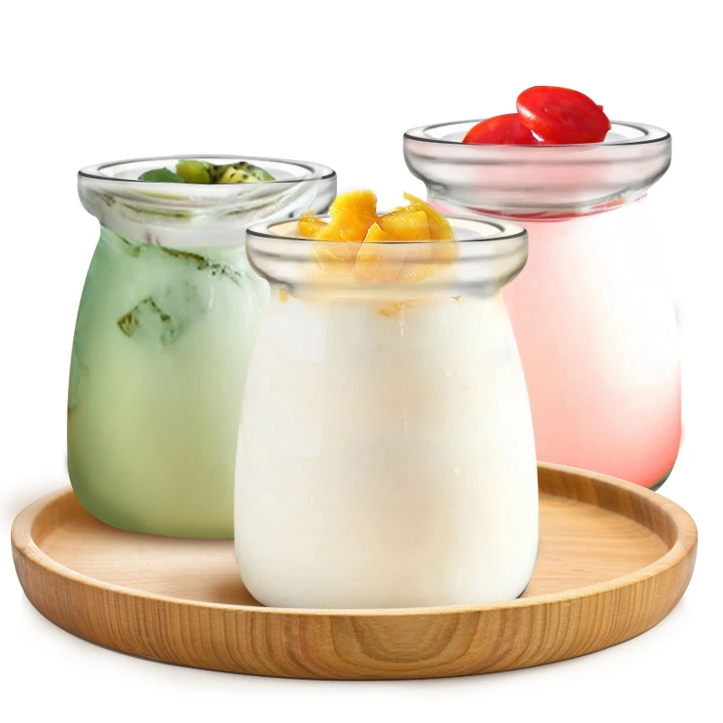 food grade cheap 100ml pudding yoghurt milk gift glass jar with wooden cork or plastic lid