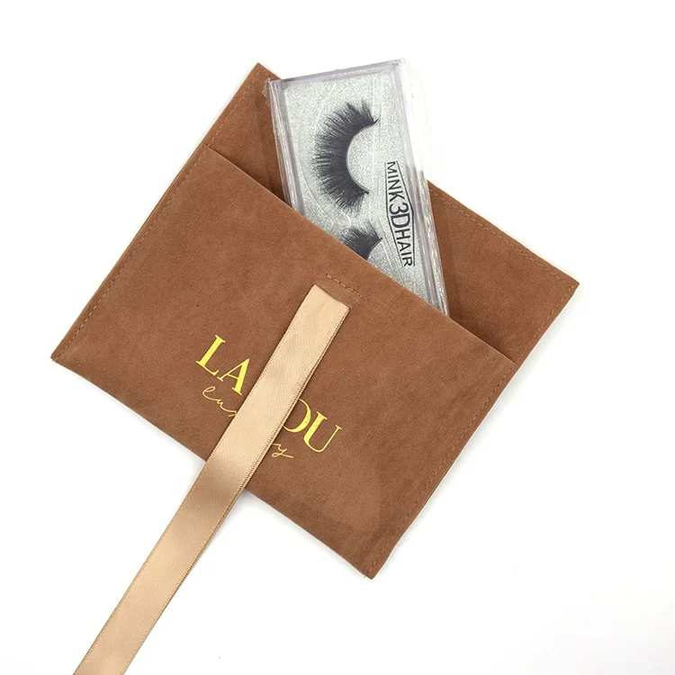 Custom logo printed cosmetic perfume bag luxury brown envelope flap suede jewelry pouch