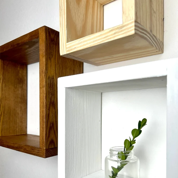 Set of 3 Floating Cube Shelves Quality Wood Shelving Hanging Display Gallery Wall Bathroom Storage