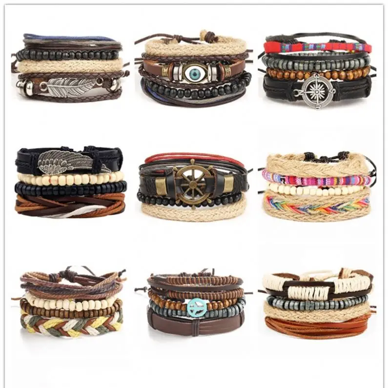 Multilayer vintage Braided feather Life Tree Bead Set Leather Bracelet men handmade rope Wrap Bracelets & Bangles