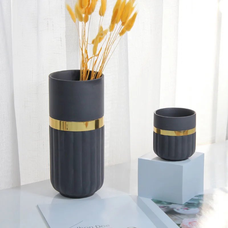 European Style Modern Tabletop White Gold Luxury Cylinder Ceramic Flower Vase for Home Decor