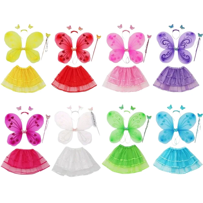 Girls Party Gift RolePlay Butterflies Costumes Princess Fairy Wings Magic Wand Headband Skirt 4Pcs Halloween Cosplay Props