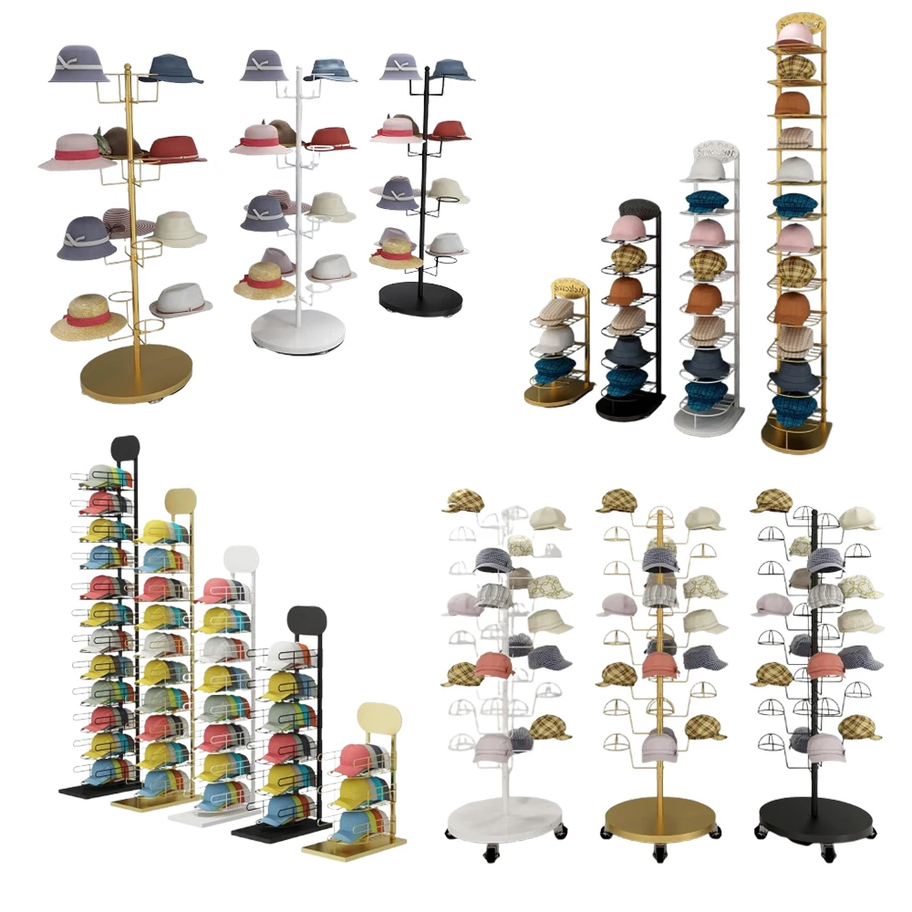 High Quality Retail Wood Metal Floor Standing Commercial rotating display stand Cap Hat Display Rack Stand For Retail Stores