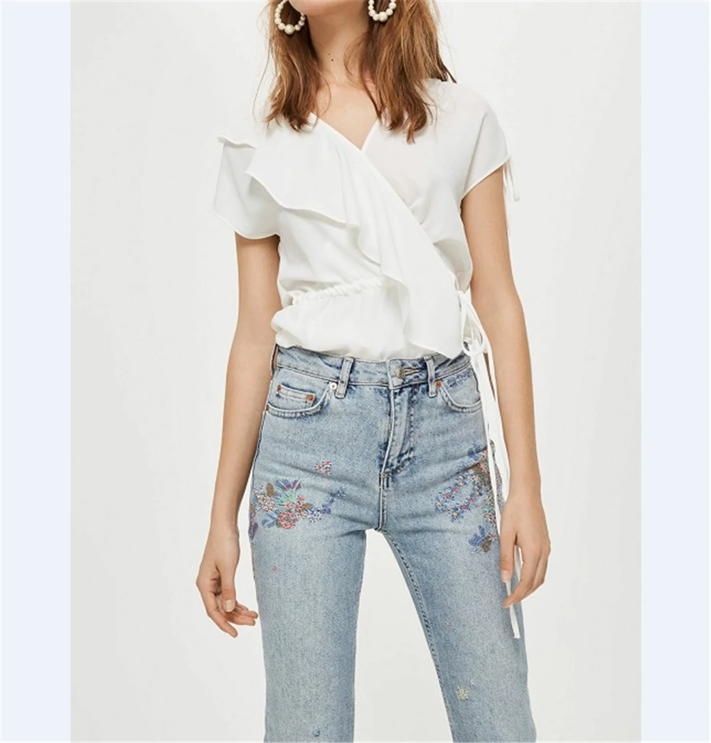 Новый дизайн, женские прямые модные джинсы с цветочной вышивкой
