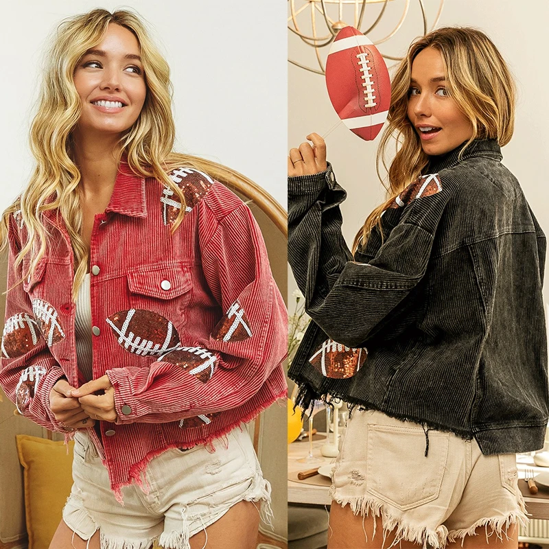 Wholesale Sequin Corduroy Jacket Woman Vintage Wash Fringe Shacket Glitter Football Embroidery Patch Jackets For Women