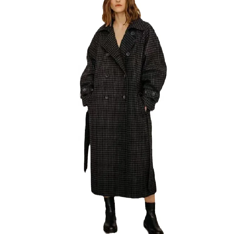 Wom Ladies Windproof Custom Trench Coat Houndstooth Fur Double Breasted Belted Wom Long Overcoat