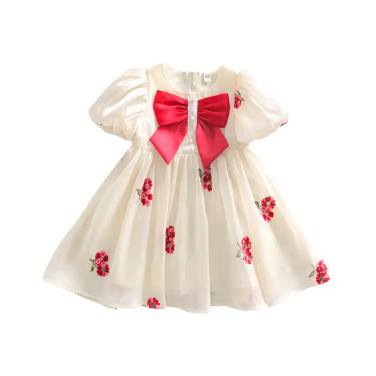 children clothes red bow puff short sleeves girls floral embroidered flowers sweet princess girls dress for summer