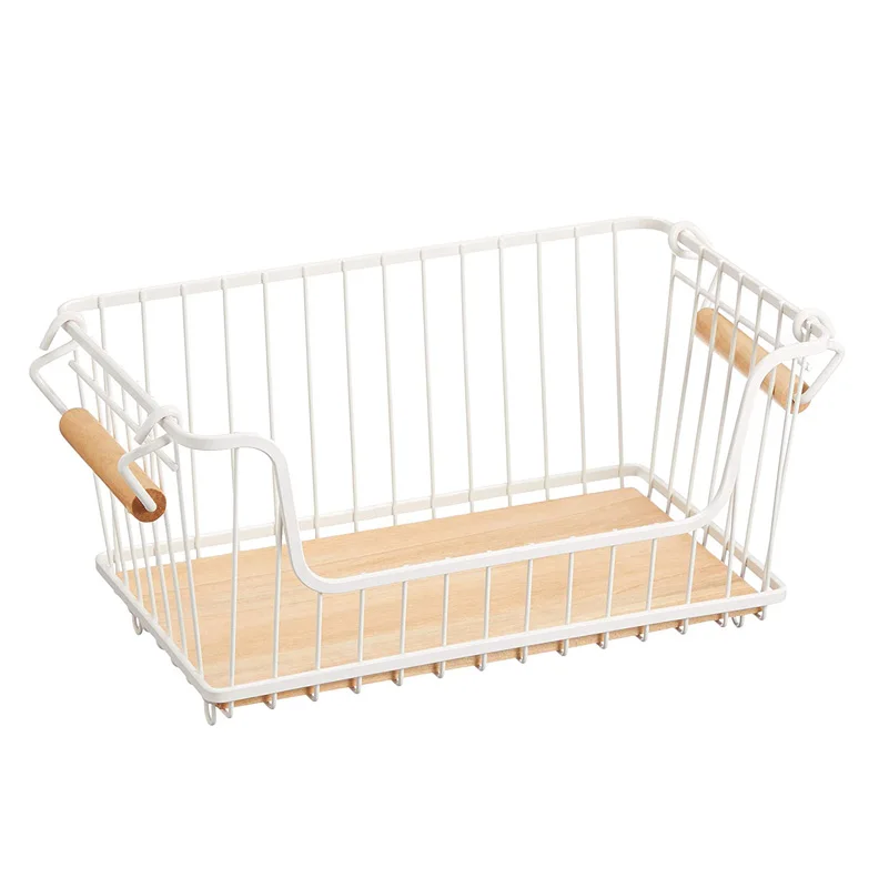 Белая составная железная корзина для хранения в японском стиле с деревянным дном и ручками