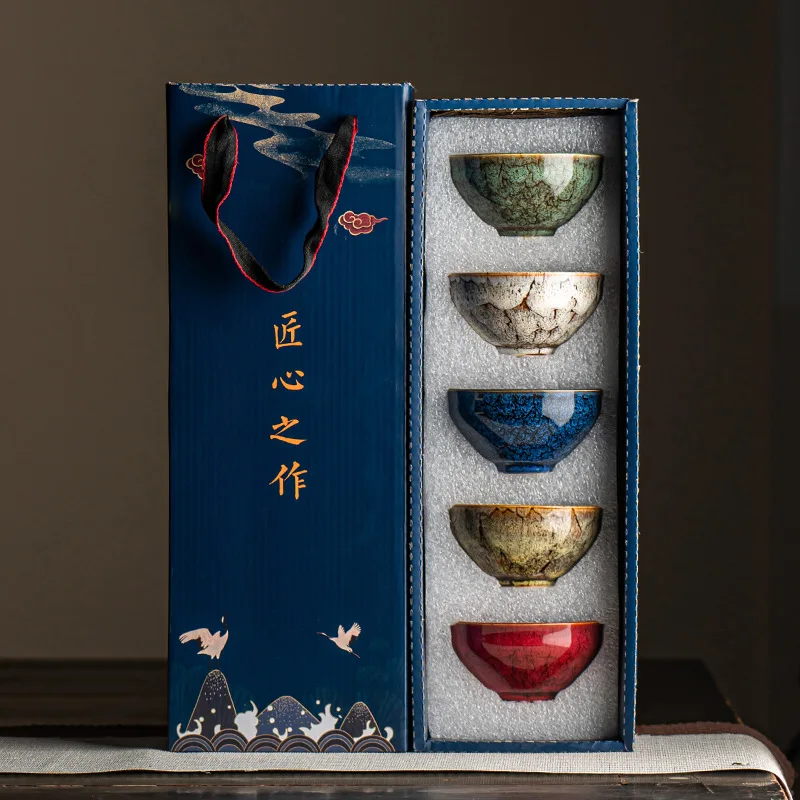 wholesale manufacturer indoor chinese 5 pcs five piece set guests gift porcelain coarse pottery tea daily classic ceramic cup