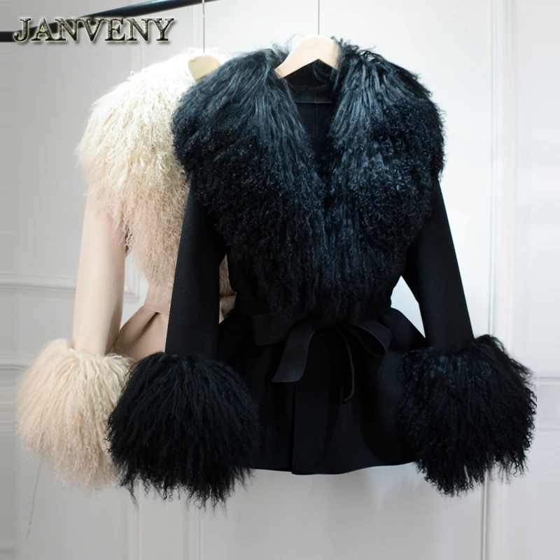JANVENY New Real Fluffy Mongolian Lamb Fur Collar Cuff Woolen Jacket Women Winter Slim Sashes Mid Length Cashmere Trench Coat