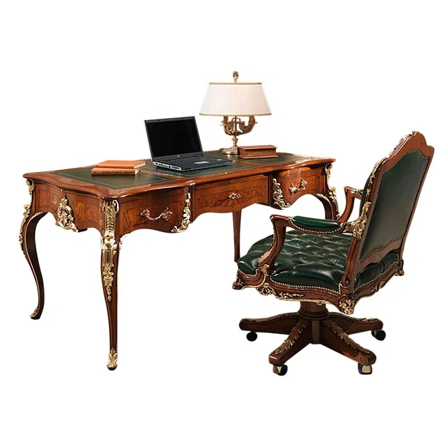 European Style Ultra Luxury Top Quality Soft Imported Textile Solid Wood Work Table Home Library Office Deck With Chair