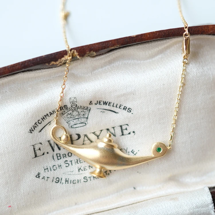 Fairy Tale Aladdin Magic Lamp Gold Necklace With Natural Emerald 14K Yellow Gold Bead Blast Finish