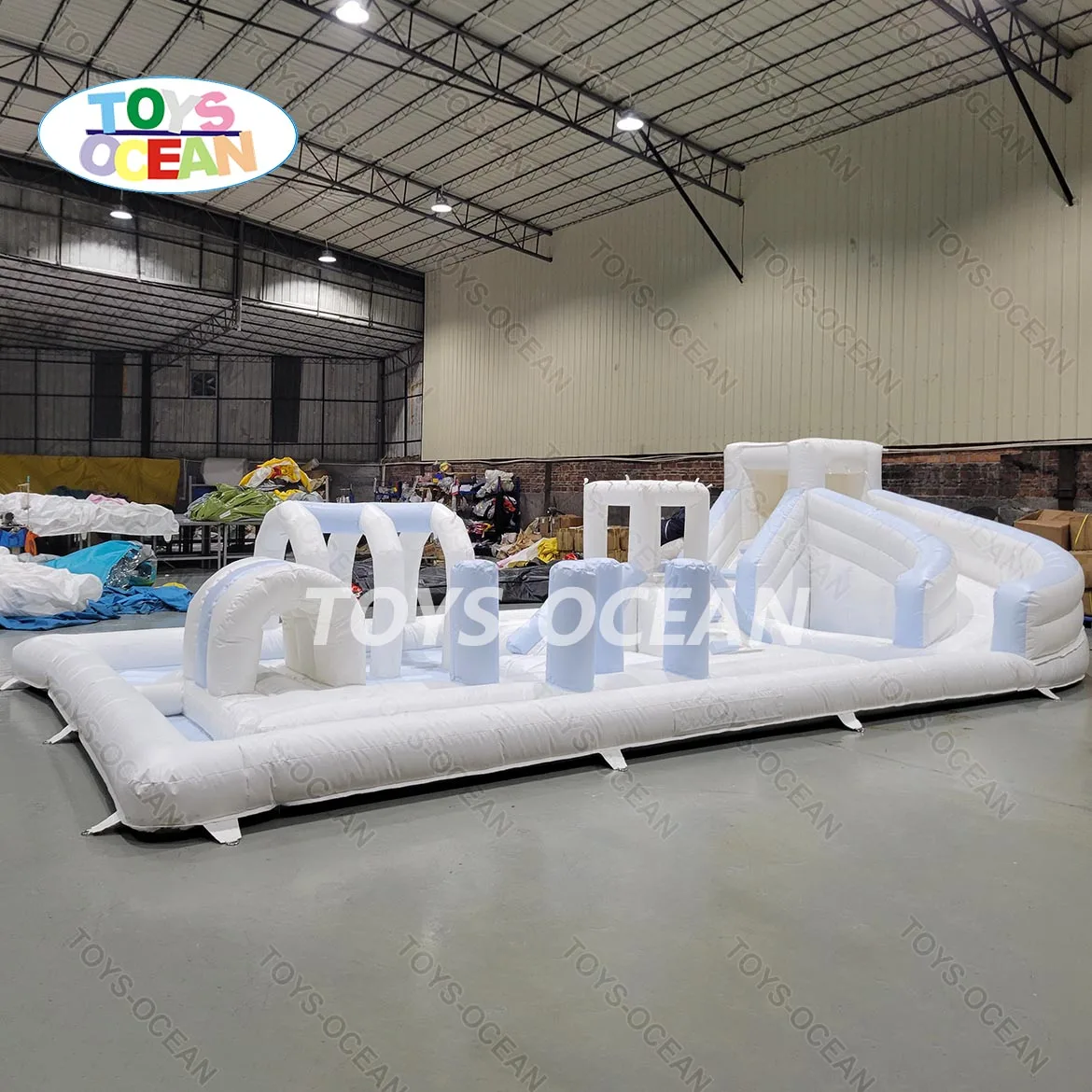 New fashionable white splash pad water park slide combo inflatable obstacle course kids playground castle bounce house bouncer