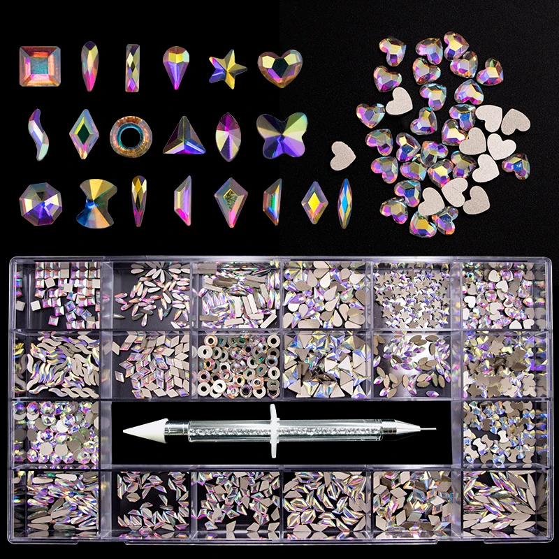 Multi Shapes Glass Diamond Nail Art Gem Kit Iridescent 3D Flatback Ab Color Nail Crystals Rhinestones Stone For Decor