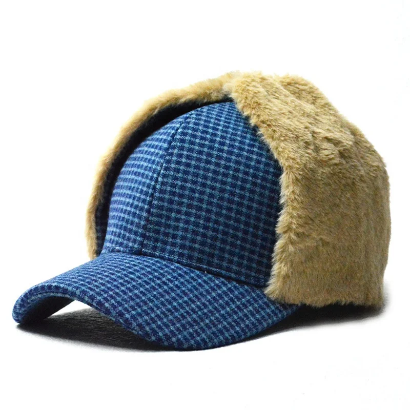 Trooper Trapper Hat Winter Windproof Ushanka Russian Hats with Faux Fur Ear Flaps Plaid Thick Baseball Cap with Warmer Earflap