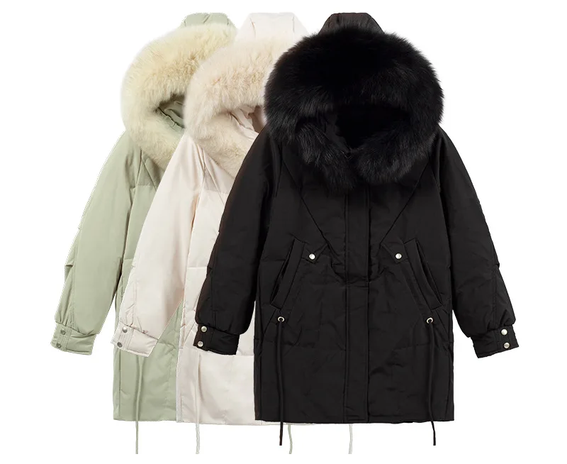 Новинка 2022, модная пуховая куртка-кокон T0034S, женская зимняя куртка средней длины на завязках с большим меховым воротником и белым утиным пухом