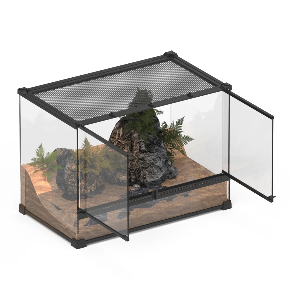 US Local Stock Full View Front Opening Reptile Glass Terrarium Habitat with Double Hinge Door and Top Screen Ventilation