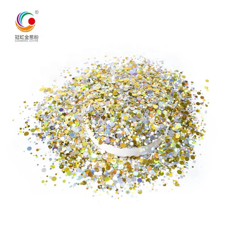 GH1986 Hot Selling Bulk PET Craft Chunky Glitter Mixed Sizes Round Holographic Phantom Laser Glitter Powder For Kids